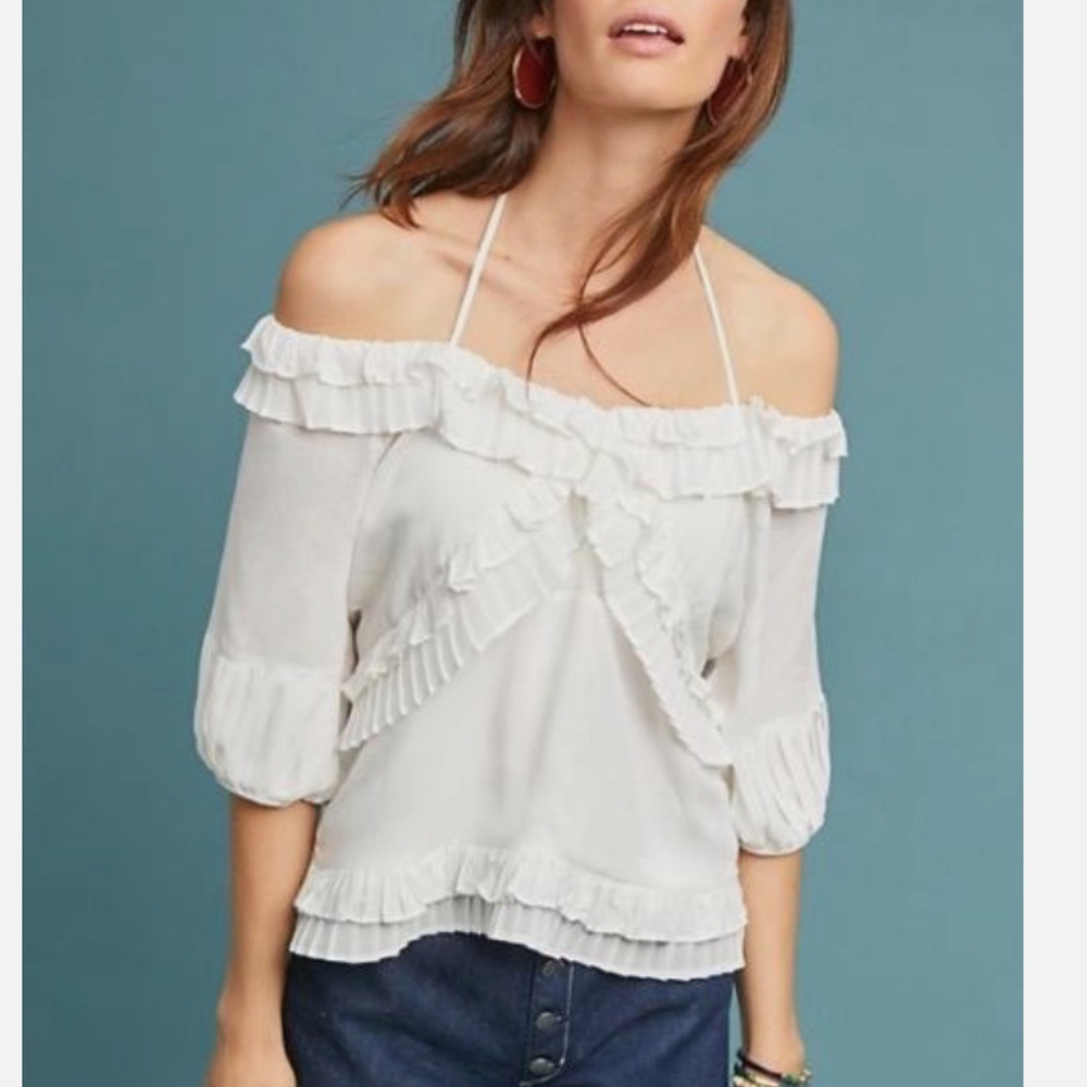 Central Park West White Ruffle Blouse Feminine Top Size XS